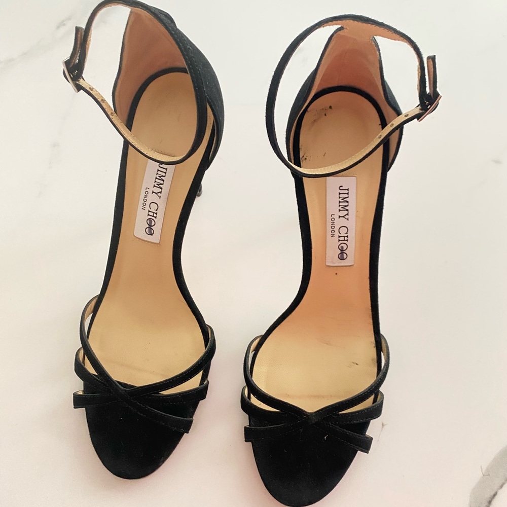 Size 41, Jimmy Choo, Black Suede Strappy Stiletto Sandals.
